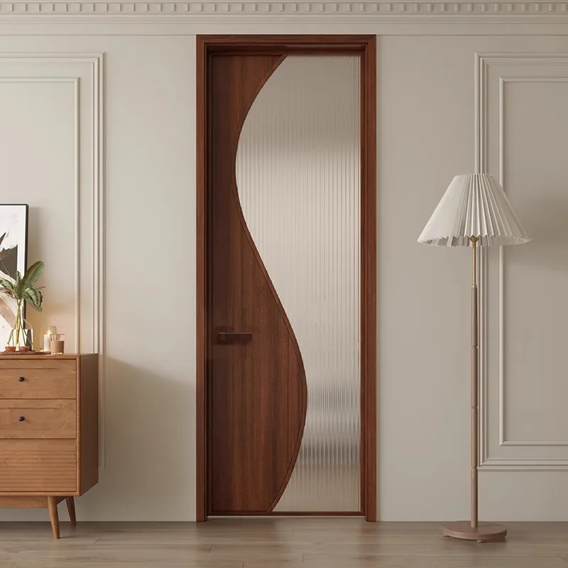 Aluminum glass door, retro medieval style walnut pattern toilet bathroom swing door