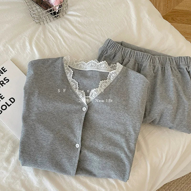 

Korean Women Pajama New Lounge Long Sleeve Top Pant Two Piece Set Autumn Winter Sleepwear Female Home Wear Conjuntos de pijama