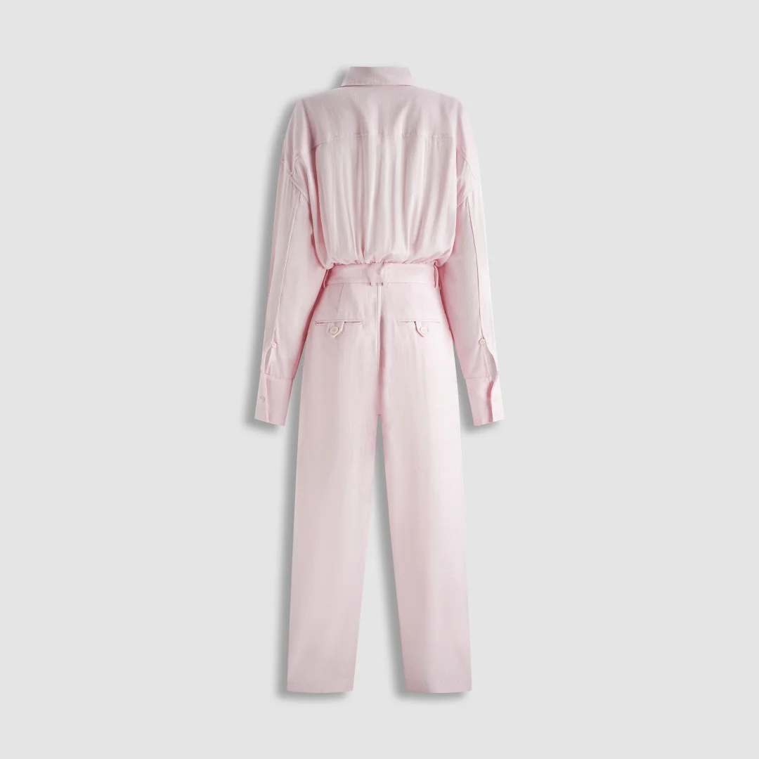 2026 Classic Linen Shirt-Jumpsuit – Long Sleeve Button-Down Romper with Belted Waist & Wide-Leg Pants in Soft Pink/Beige