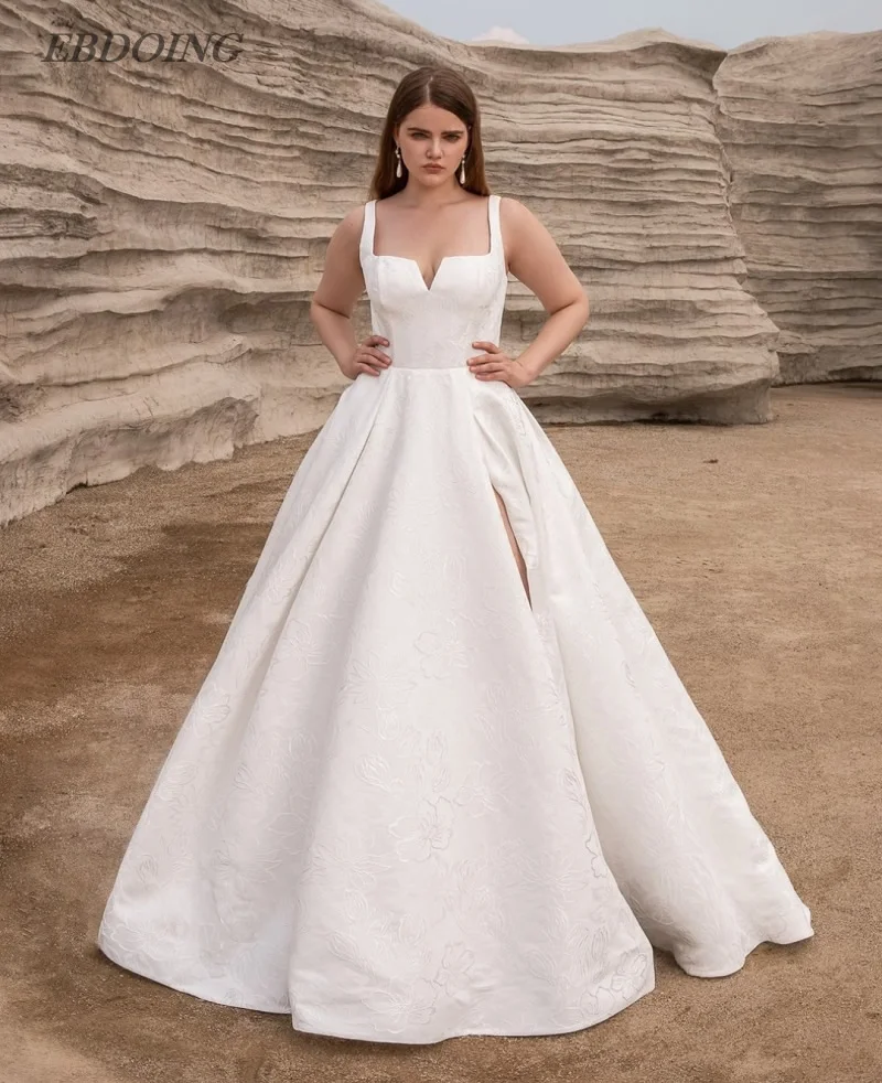 EBDOING Wedding Dress A-Line Satin Square Neck Neckline  Long Open Back With Split On The Leg Customized Bride Gown