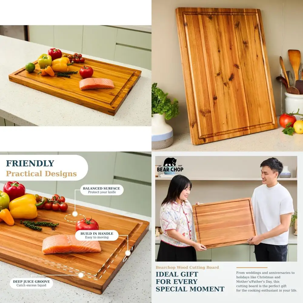 

Large Acacia Wood Cutting Board, 24x18x1.25 Inches, with Juice Groove, Handle, and Gift Box, Anti-Cracking Design