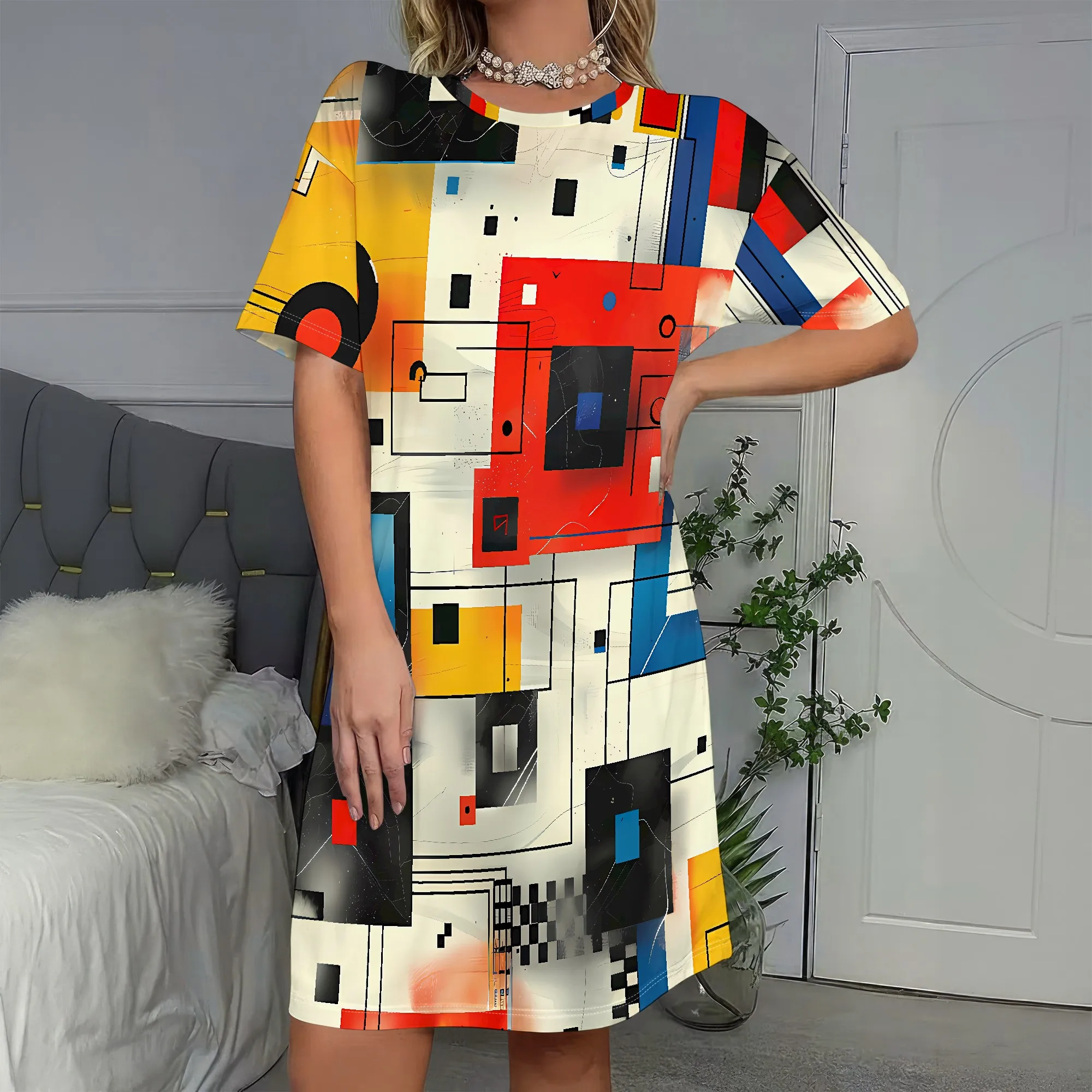 

Abstract Art Print,Short Sleeve Dress,Geometric Pattern,Colorful Design,Casual Wear,Women's Fashion,S-2XL