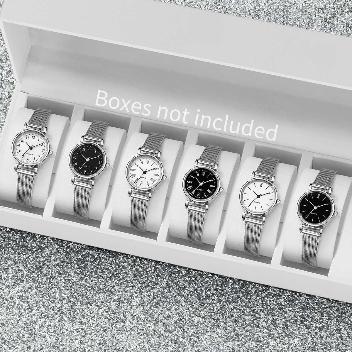 6PCS/Set Fashion Small Dial Women Watches Casual Silver Mesh Band Quartz Watch Clock(Without Box)