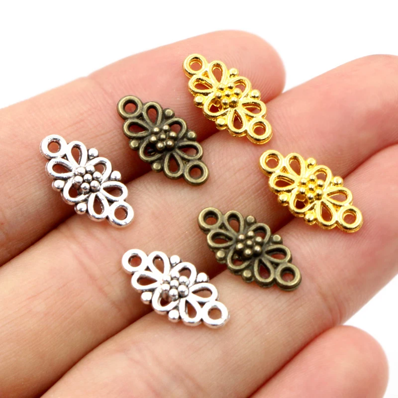 30pcs/lot 16x8mm Antique Silver Plated Bronze Flower Connector Charm Pendant DIY Jewelry Supplies for Bracelet Necklace