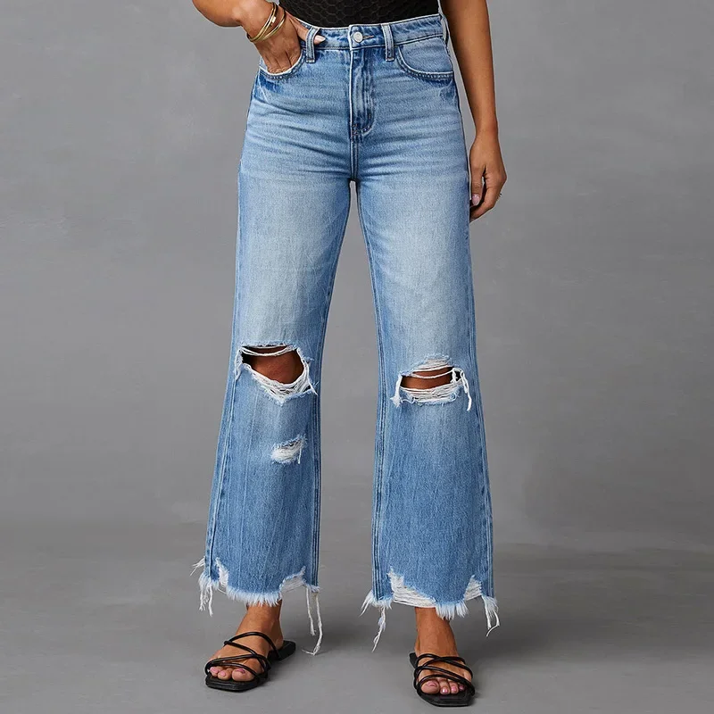 

Wepbel Water Washed Jeans Women Hole High Waist Wide Leg Denim Pants Jeans Hole Pockets Streetwear Ripped Denim Trousers Jeans