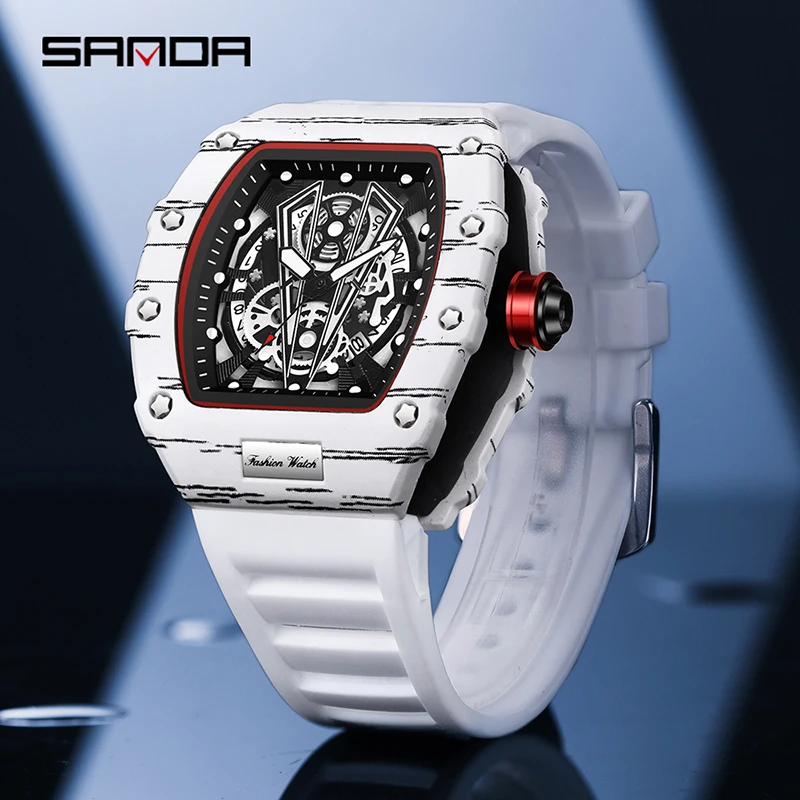 SANDA Top Brand Luxury Sports Quartz Wristwatches for Men Military Chronograph Tonneau Watch Silicone Strap Quartz Watches