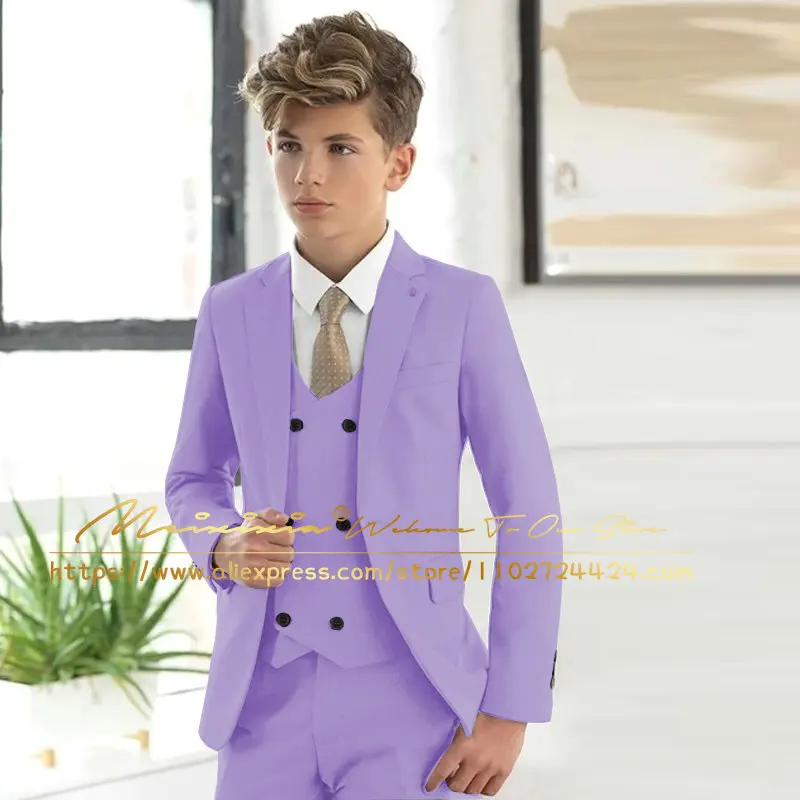 Casual Light Blue Boys Formal Suits Clothing Set Kids Coat Vest Pants 3Pcs Wedding Tuxedo Suit Children Blazer Party Costume