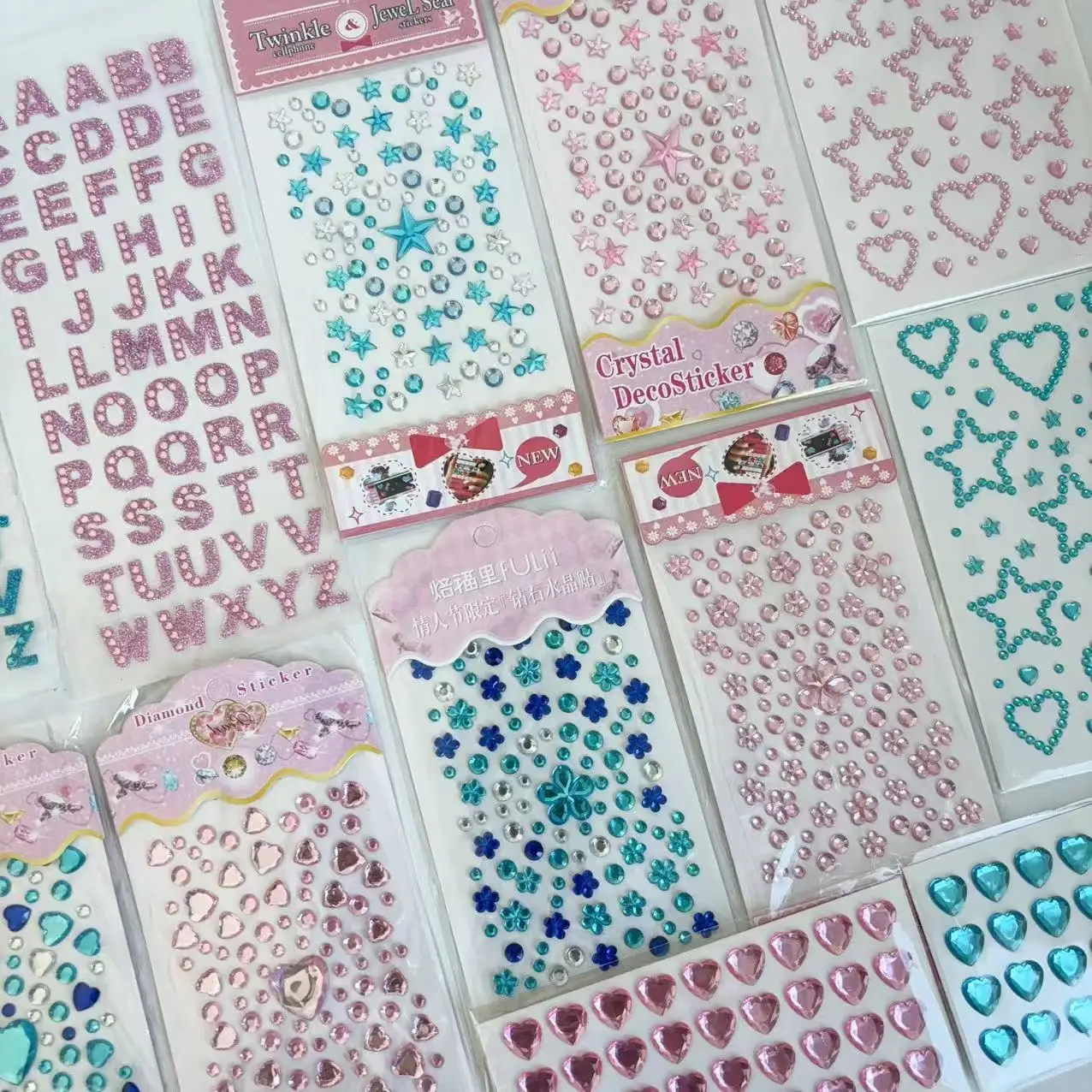 14 pieces of blue and pink stickers, crystal diamonds, children's decoration stage dress, makeup girl's pink and blue various di