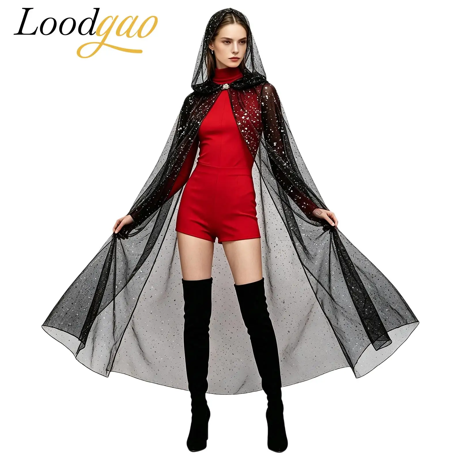 Women Long Sheer Cape Hooded Cloak Mesh Tulle Cape Gothic Shawls Wraps for Masquerade Halloween Cosplay Witch Ghost Costume