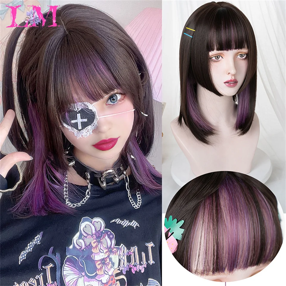 

LM Black Purple Ombre Synthetic Wigs for Cosplay Long Straight Layered Wigs with Bangs for Women Heat Resistant Fake Hair