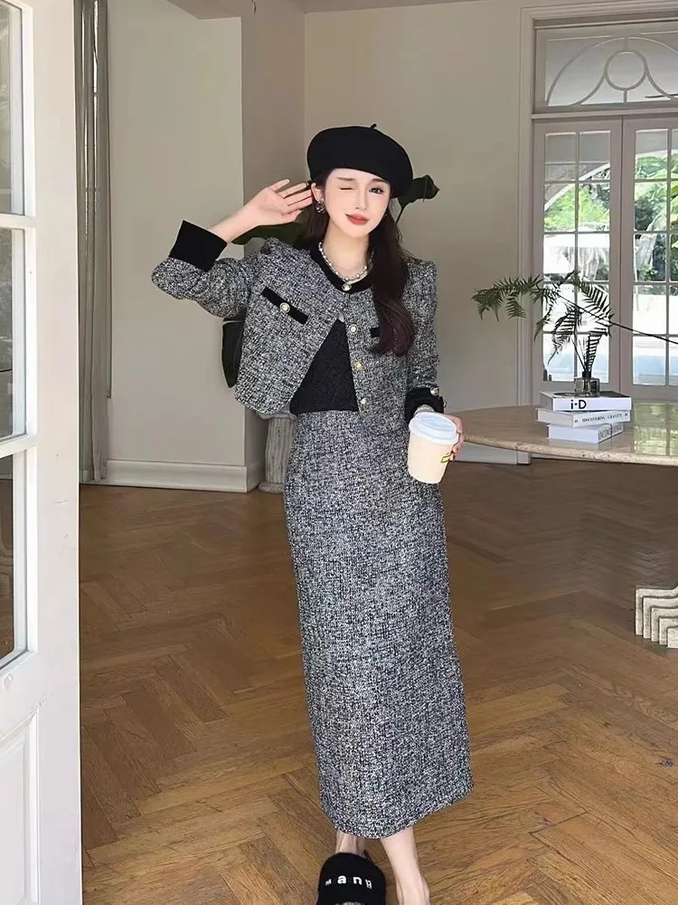 

This Year's Popular French-style Jacket, 2023 Autumn New Hit High-waist Skirt Set, Two-piece Outfit for Women Female Office Lady