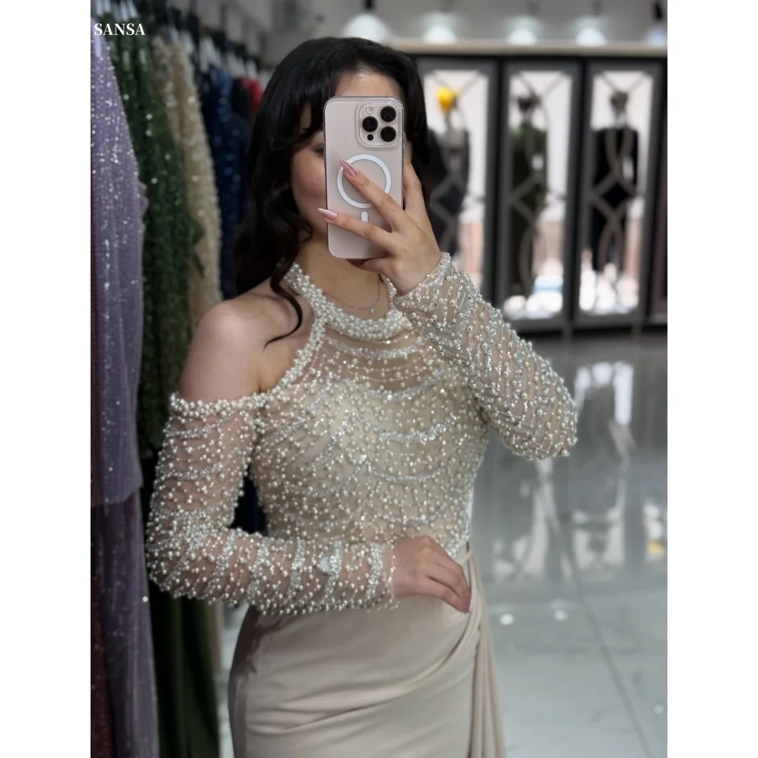

Sansa Customized Beaded Halter Neck Prom Dresses Long Sleeves فساتين للمناسبات الخاصة Pearls vestidos de fe