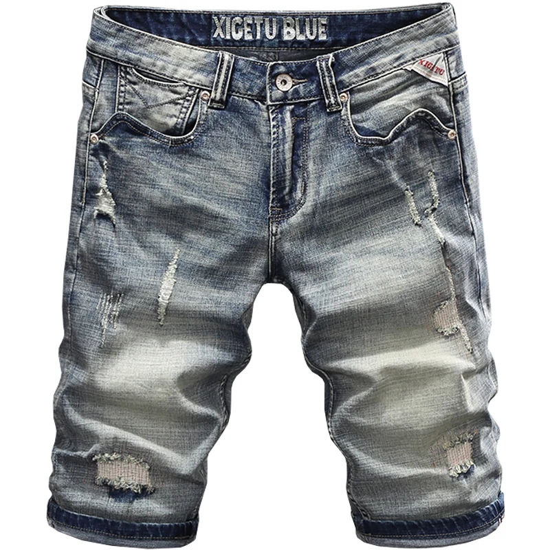Summer Fashion Vintage Men Jeans Retro Blue Slim Fit Embroidery Patchwork Short Ripped Jeans Men Casual Denim Shorts Hombre