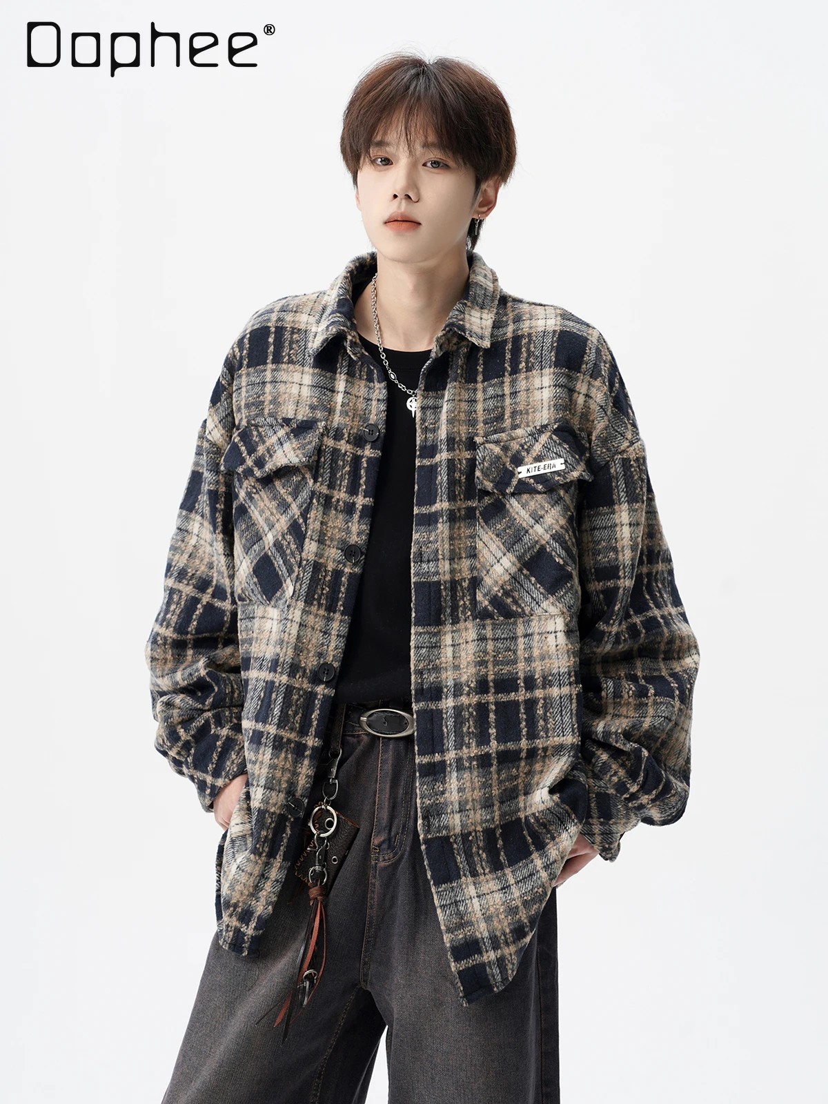 

2025 Spring and Autumn Men's Japanese Style Plaid Long Sleeve Black Shirt High Street Loose Casual Versatile Red Shirt