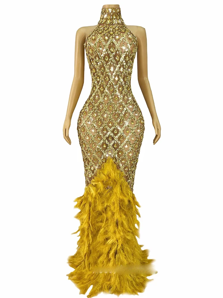 Wysokiej jakości sukienka z elastycznego materiału z piórami i dżetami, seksowna, z odkrytymi plecami, nowa moda 2025, odzież damska na zamówienie.