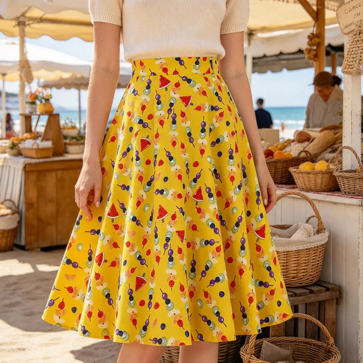 SISHION Hepburn Cotton 50s 60s Vintage A Line Summer Skirt VD0020 High Waist Yellow Fruits Feast Print Women Skirts