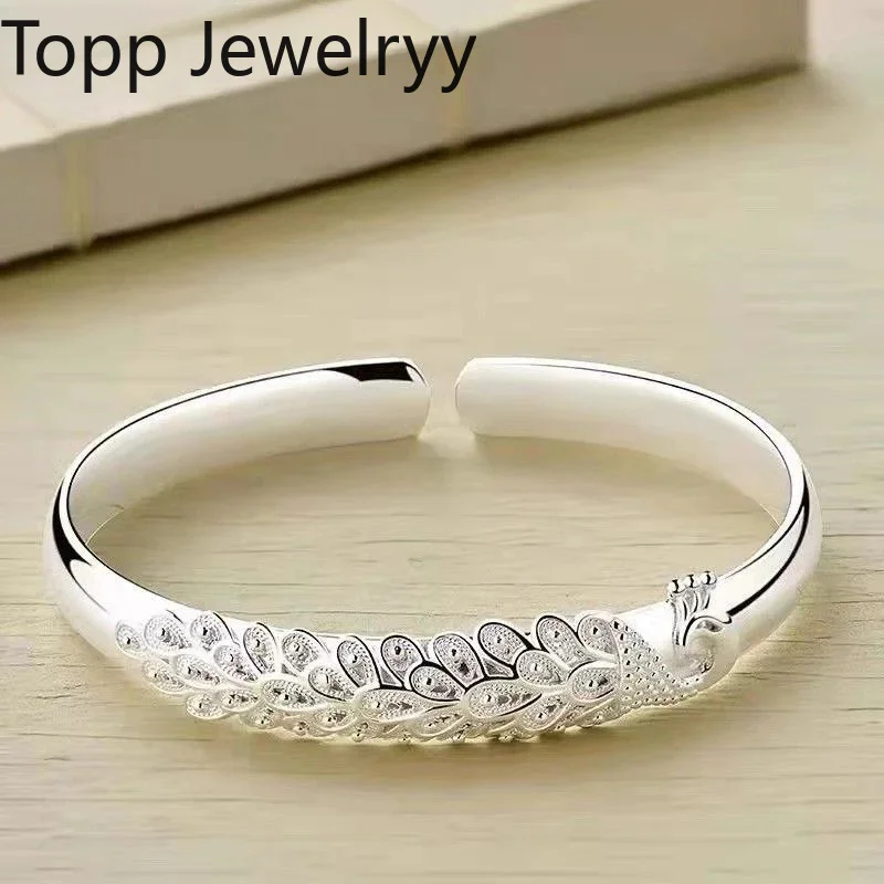New sterling silver elegant Peacock opening screen bracelet Bangles for women fashion party wedding jewelry gift
