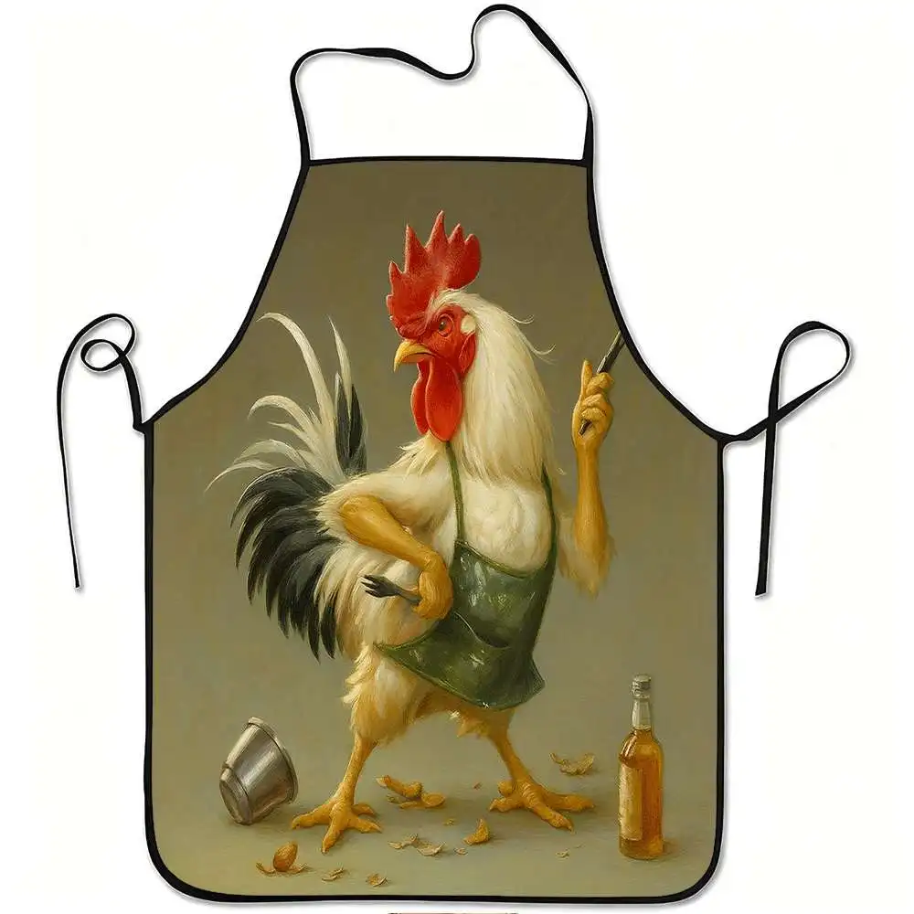 1pc Funny Chef Rooster Apron with Rooster & Kitchen Utensils Print -Polyester Suitable for Cooking, Gardening, Picking