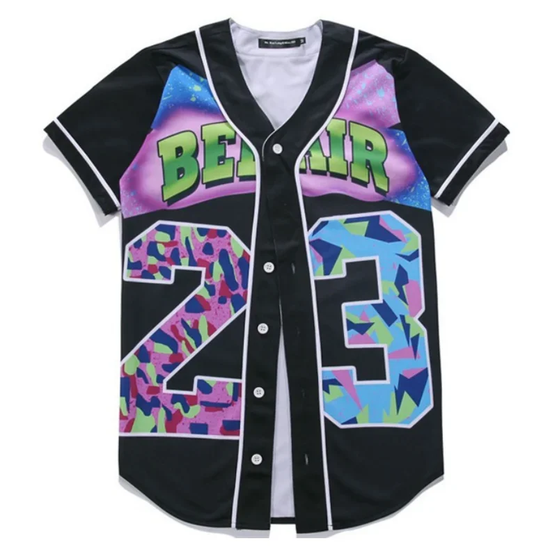 

New 2024 Summer #23 BEL AIR Baseball Jersey Hip Hop Party Clothing Shirt Theme Party Short Sleeve T Shirts Sports Tops Black