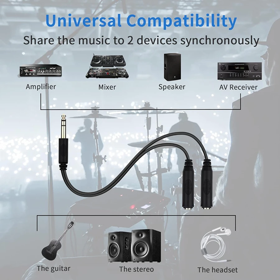 1/4 Inch 6.35mm Mono/Stereo 1 To 2 Y Splitter Cable 1/8 Inch 3.5mm Dual 6.5mm Jack Audio Aux Extension Cord for PC Mixer Speaker