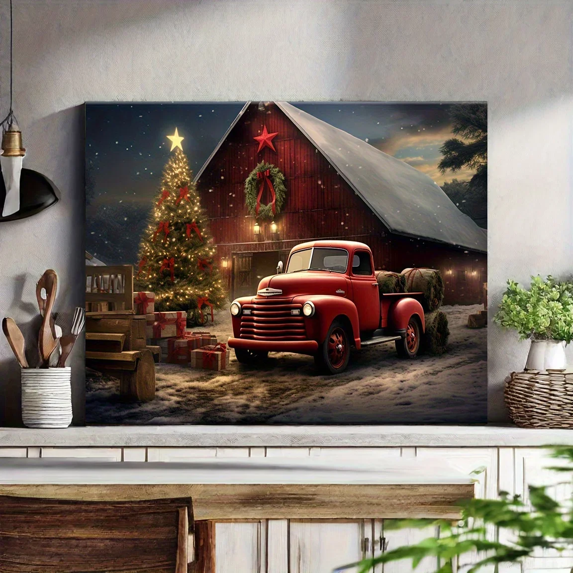 1PC Vintage Red Truck Christmas Canvas Print Poster For Home Bedroom Kitchen Living Room Bathroom Cafe Holiday Decoration Framed