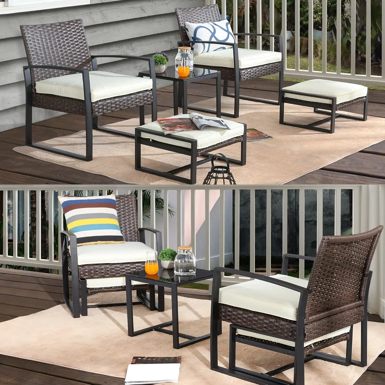 Patio Conversation Set 5 Pieces Outdoor Wicker Furniture Sets Chairs with Ottoman 3.1" Thickness Cushions (Beige)