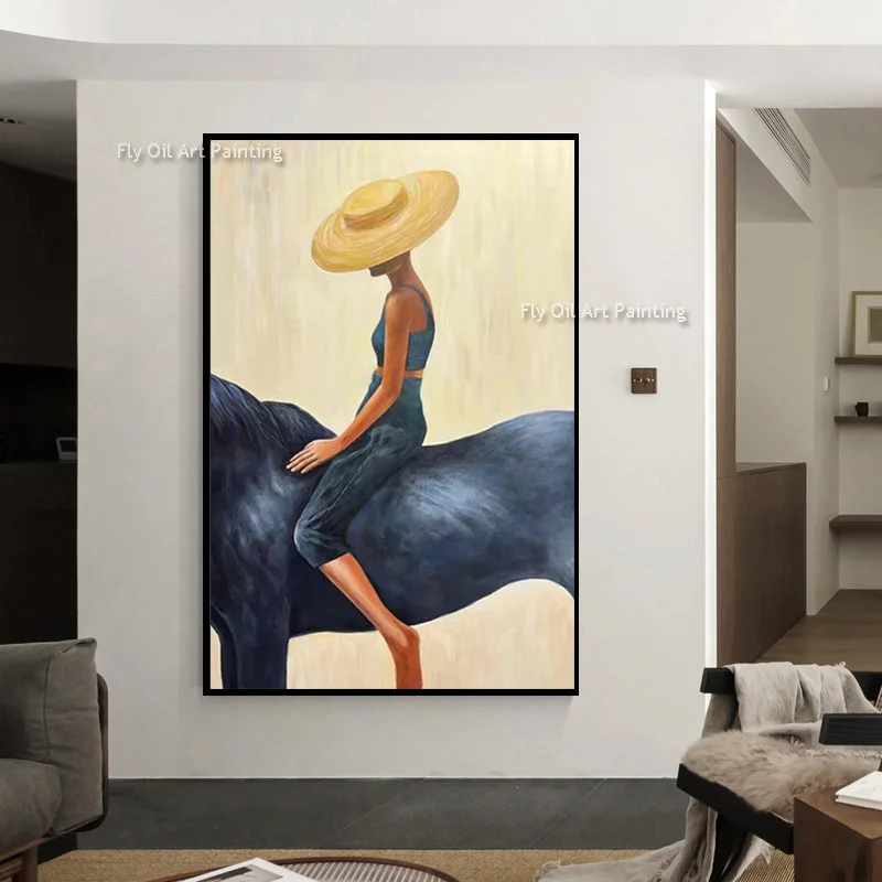 New Modern Yellow Dark Blue Women Riding Horse Canvas Oil Painting Handmade Original Fashion Black White Yellow Walll Decor