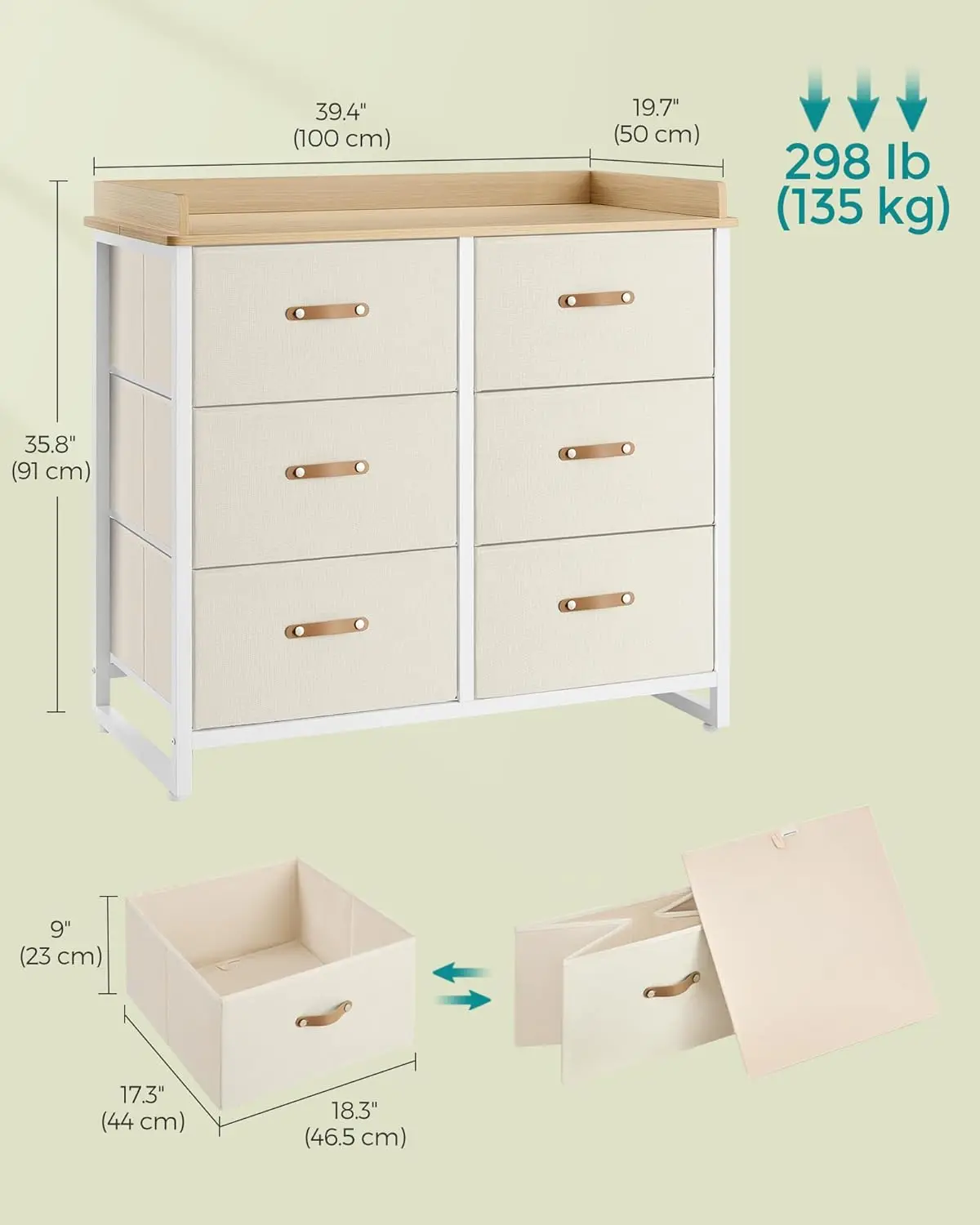 Kids Dresser 6 Drawers, Water-Resistant Top, Beige, Storage Cabinet for Bedroom or Hallway