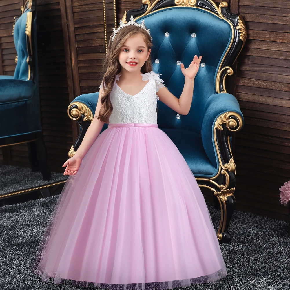 

Child Wedding Flower Girl Bridesmaid Dress with Flower Lace Mesh Dress Suitable for White Baptist Clothing for Kid wear