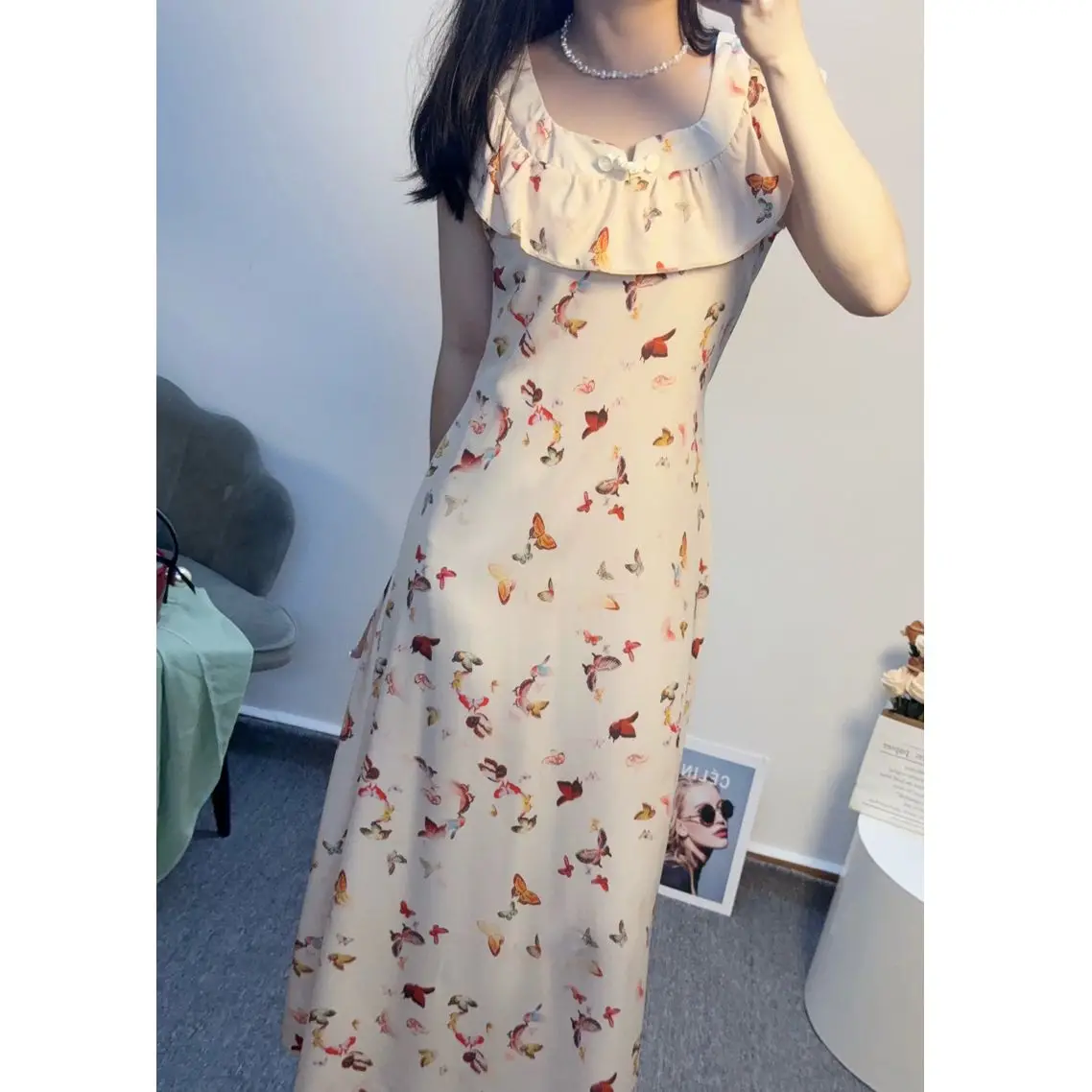 드레스 민소매 여성 보헤미안 스타일 봄 시폰 레이스업 주름 플러터 레이어드 케이크 드레스 랜턴 슬리브 프렌치 스타일 스위트하트