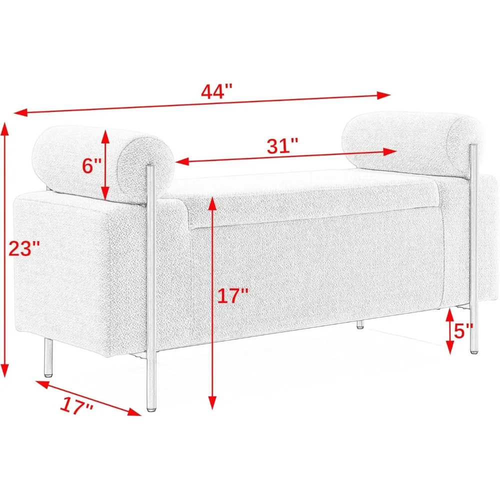 Upholstered Ottoman with Storage, Entryway Bench with Cylindrical Arms and Iron Legs for Hallway Living Room Bedroom