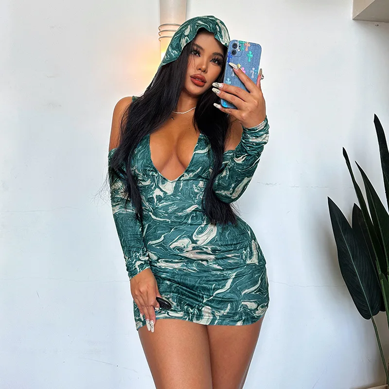 

Tie Dye Deep V Neck Hoodies Gloves Sexy Slim Bodycon Mini Dress 2023 Fall Women Fashion Outfit Streetwear Nightclub