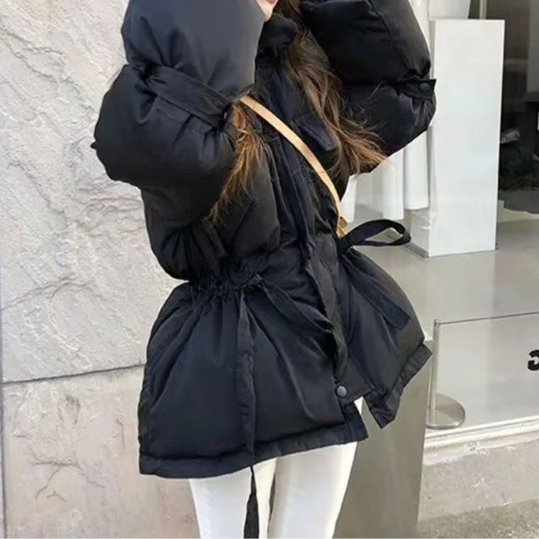 Winter Drawstring Waistband Flared Sleeves Medium Length Thick Coat Standing Collar Cotton Jacket for Women