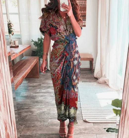2023 Primavera e verão novo temperamento de manga curta feminino pendulares cintura alta impresso vestido longo
