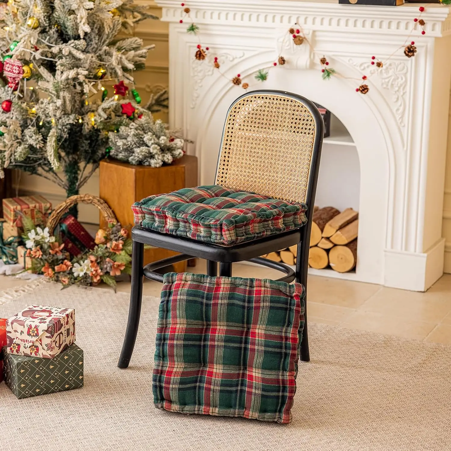 Vintage Buffalo Check Tartan Plaid Chair Seat Cushion Farmhouse Comfortable Square Christmas Gift Seat Pillow for Room Chairs