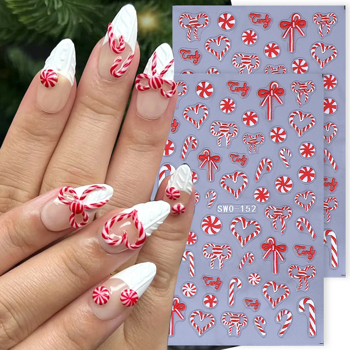 2pcs Xmas Candy Cane Matte Nail Decals Merry Christmas Bow Heart Design Sliders Winter Festival Style Sticker Manicure Accessory