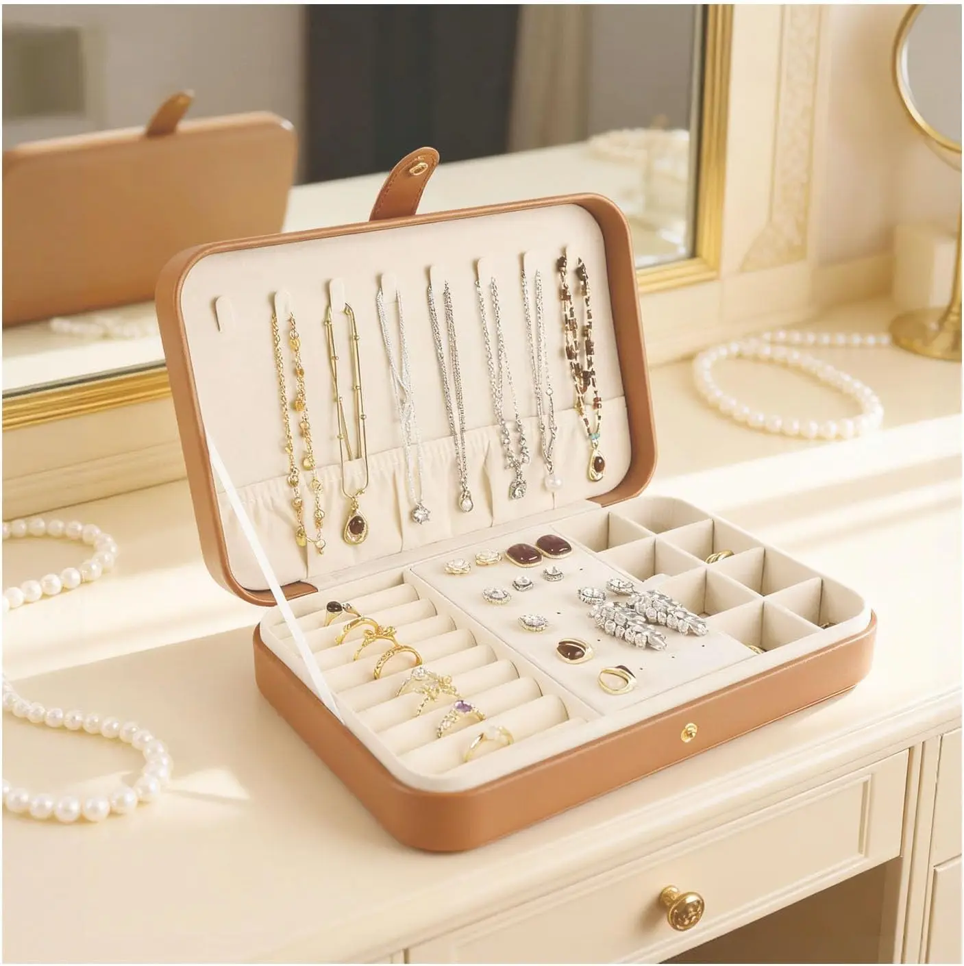 

Luxury Small Travel Jewelry Box with Earring Compartments, Rectangle Jewellery Organizer Case for Women, Elegant PU Gift