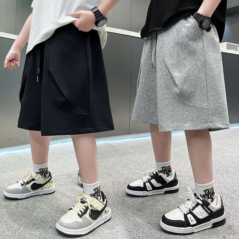 Brief Style Kids Child Summer Loose Cotton Shorts for Big Boys Casual Solid Gray Black Knee Length Capris Pants with Drawstring