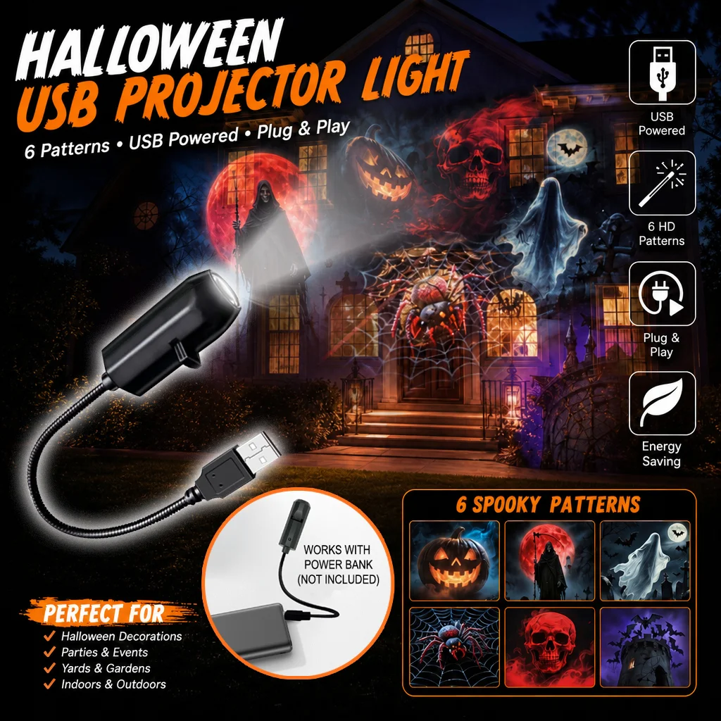 USB Projector Night Light Adjustable Flexible Hose LED Projection Lamp Halloween Skull Projector Light Bedroom Atmosphere Decor