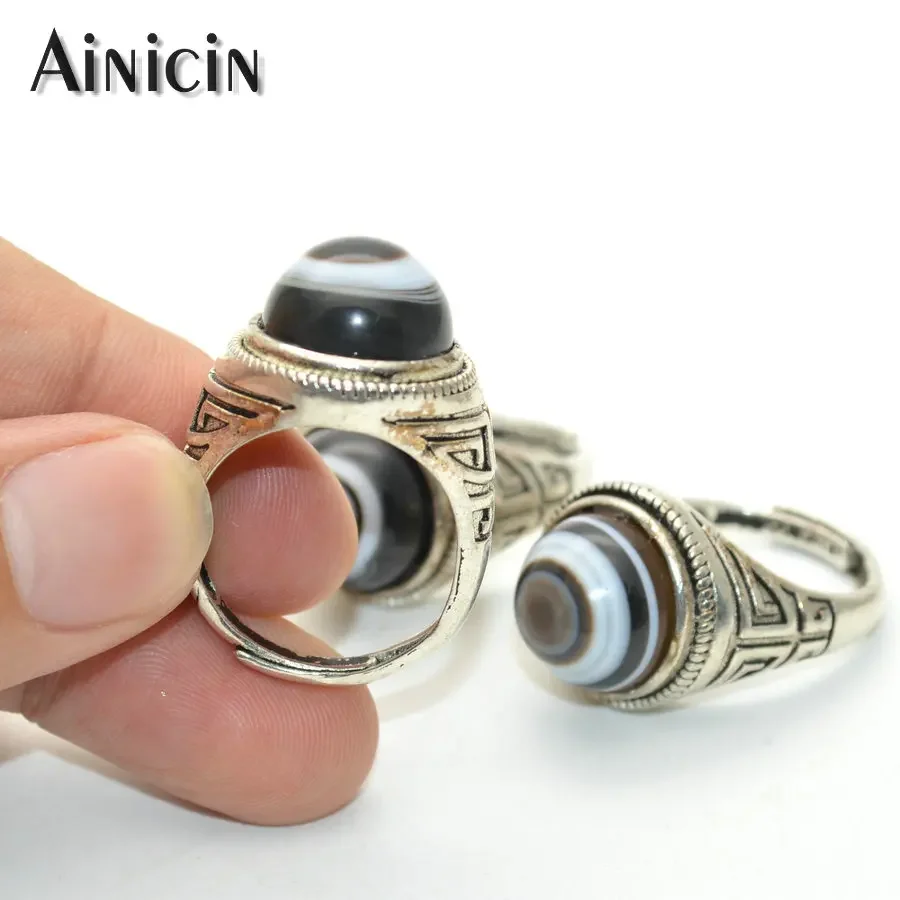 Natural Black Agate Single Eyes Tibetan Dzi Beads Ancient Silver Color Adjustable Finger Rings For Men\'s Wild Jewelry Gift