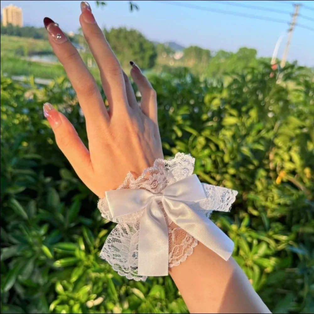 New Ruffled Lace Hand Sleeve Cuffs Bowknot Lolita Cosplay Wristband Floral Tulle Sweet Satin Gothic Style Bracelet For Women