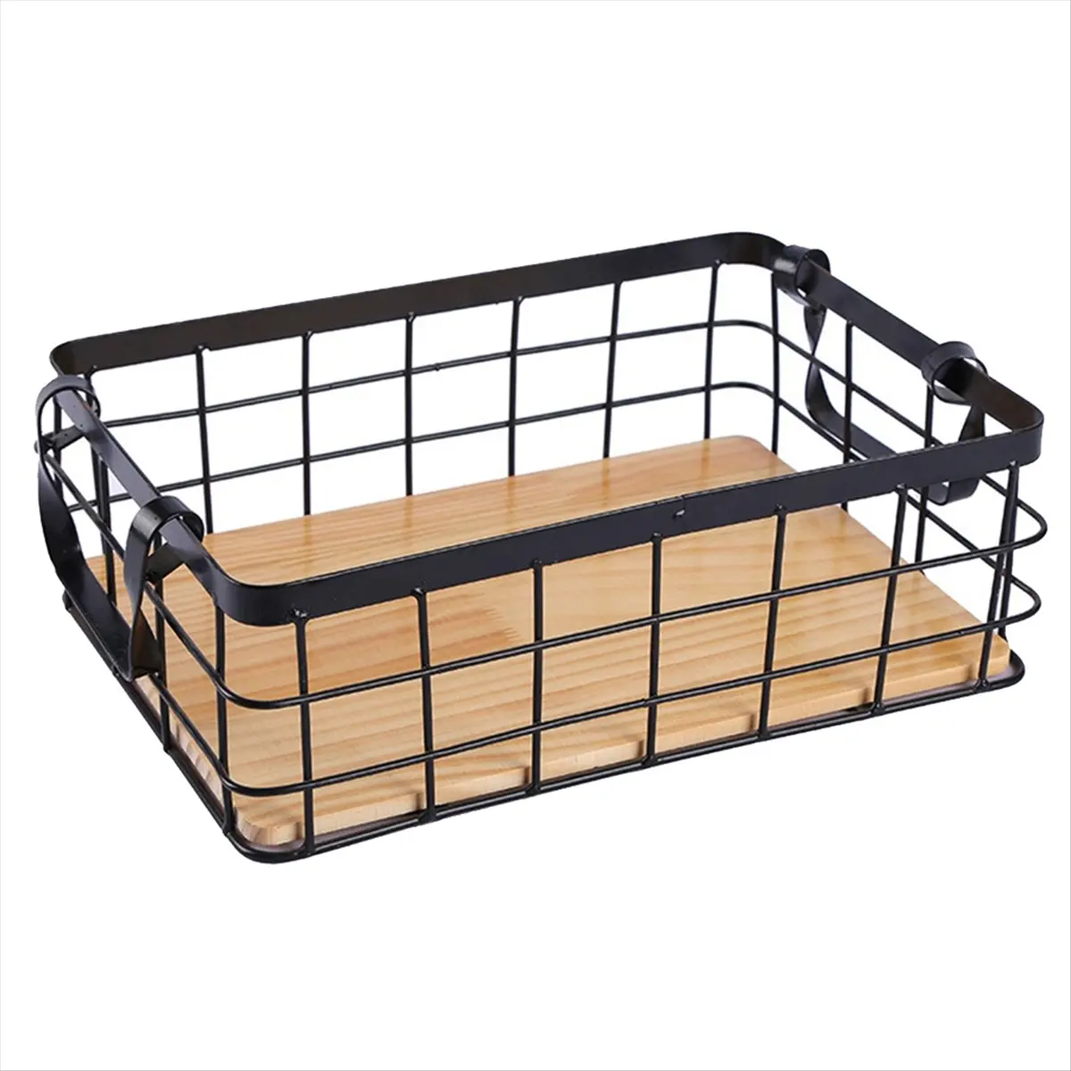 MALL Double-Ear Rectangular Kitchen Storage Basket Handle Basket Wrought Iron Basket Solid Wood Bottom Fruit Basket