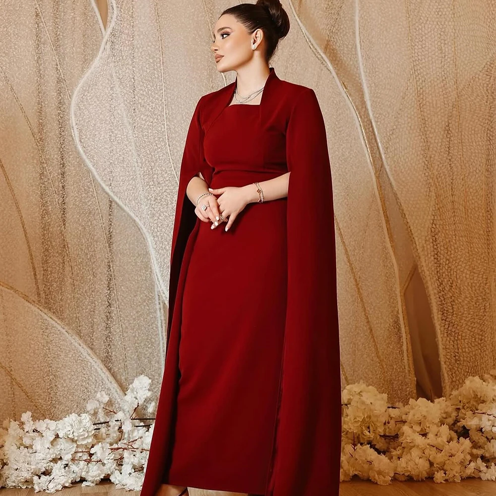 

Customized Square Collar Red Jersey Evening Dress Simple Full Sleeves A-line Ankle Length Simple Party Prom Gowns فستان سهرة