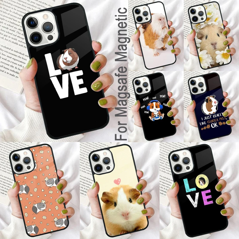 Cute Animals Guinea Pig Magnetic Soft Phone Case for iPhone 16 Promax 15 Pro 13 14 Plus 11 12 Mini MagSafe Coque