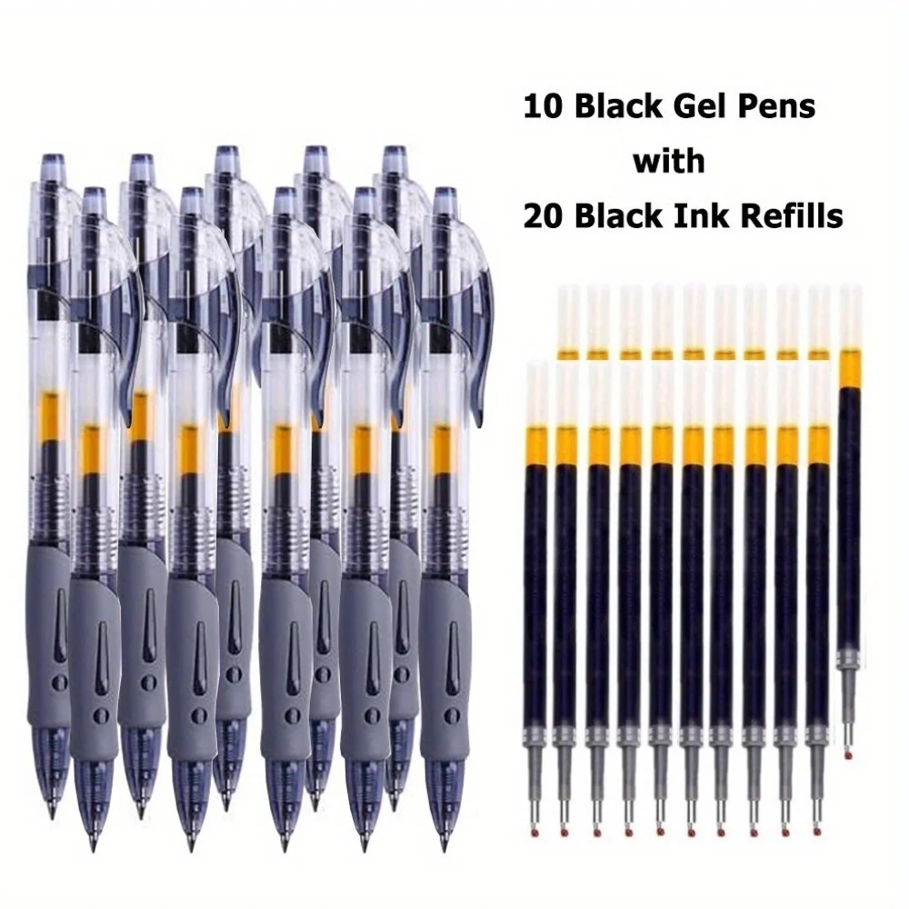 30Pcs Click Gel Pen 0.5mm Black Ink, Smooth Writing Pens for Office School Exam, Refillable Carbon Ink Pens Quick Dry Stationery