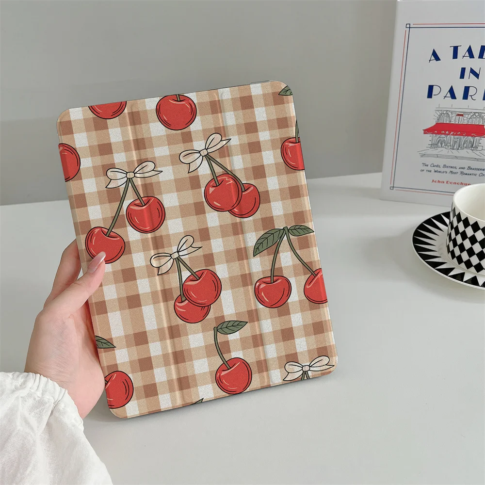 New retro checkered cherry iPad case suitable for Apple iPad Pro 2024 11 inch 2025 Air 5/4 10.9 iPad 10 9.7 10.2/10.5 Mini 6/5