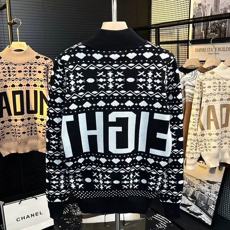 

Men's Slim Fit Long Sve Sweater Autumn Winter f High Collar Letter Casual Knitted Wear American Retro Trend Brand Overhead