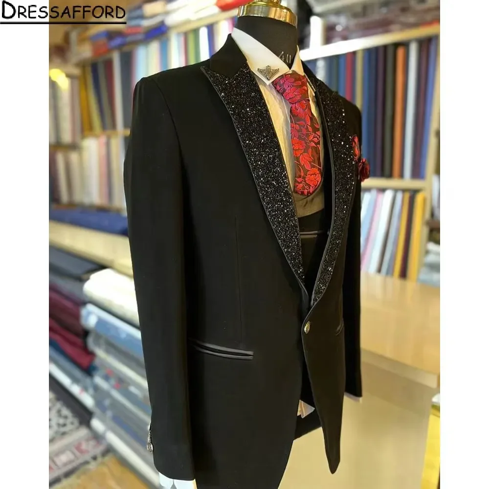 Black Sequined Neckline 2 Pieces Blazer Pants Men Suits Tuxedo High Fashion Wedding Prom Plus Size Custom Made