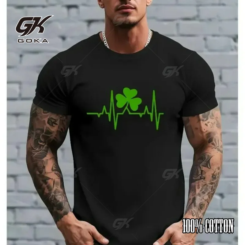 St. Patrick's Day Shamrock Heartbeat T-Shirt Green Irish Clover Casual Cotton Short Sleeve Tee Unisex Crew Neck Tops