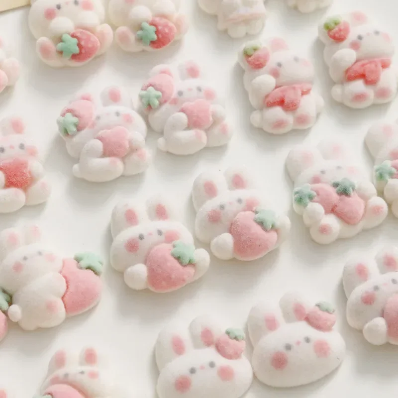 5pcs Kawaii Cute Cartoon Flocked Strawberry Rabbit Cabochon Diy Bunny Flatback Scrapbook Furnishing Embellishments Material